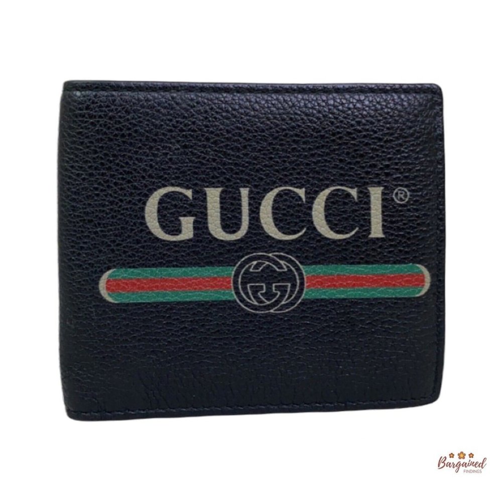 Authentic GUCCI Black Pebbled Leather Old Logo Bifold Men's Wallet 496316